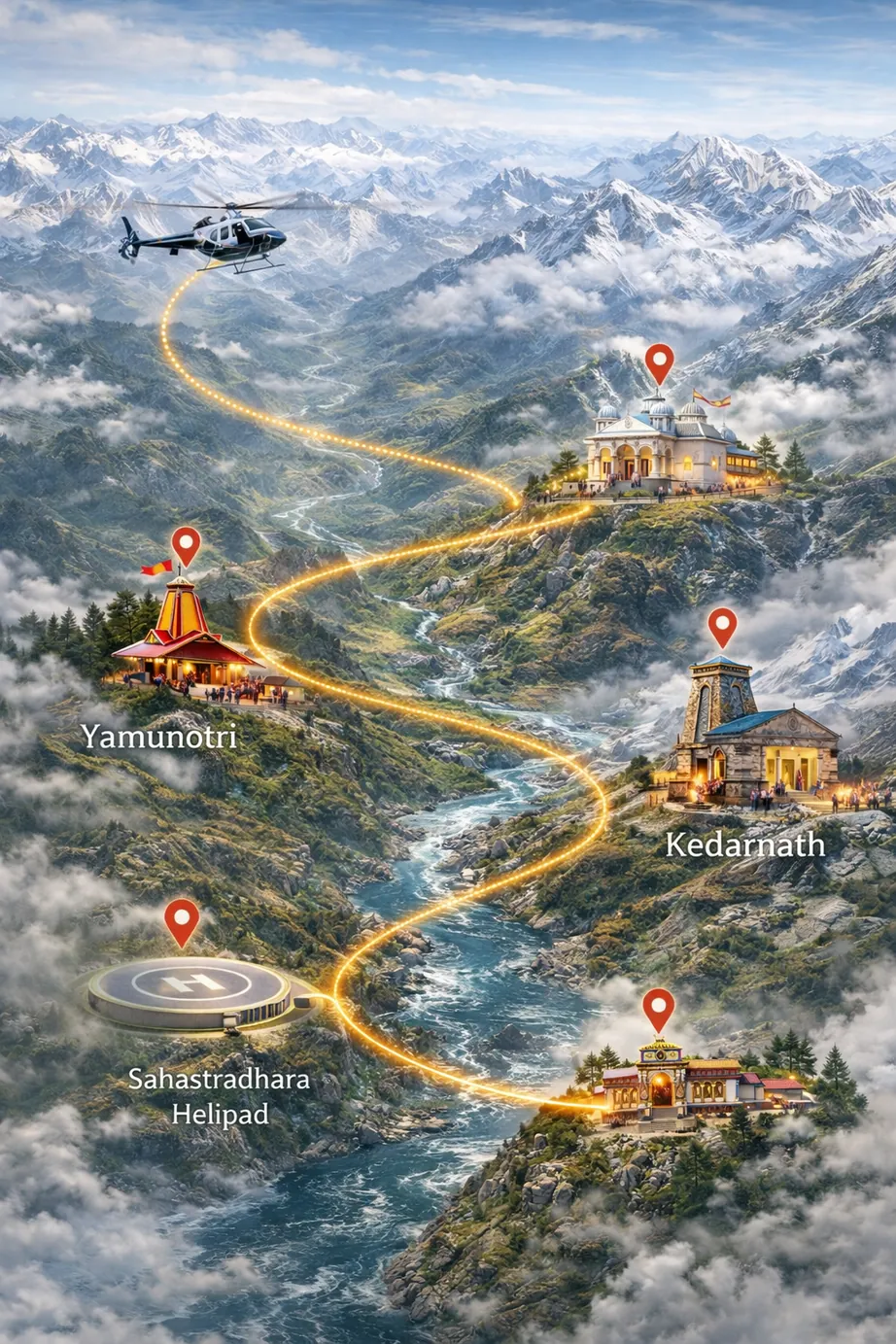 Illustrated map of the day-wise helicopter route