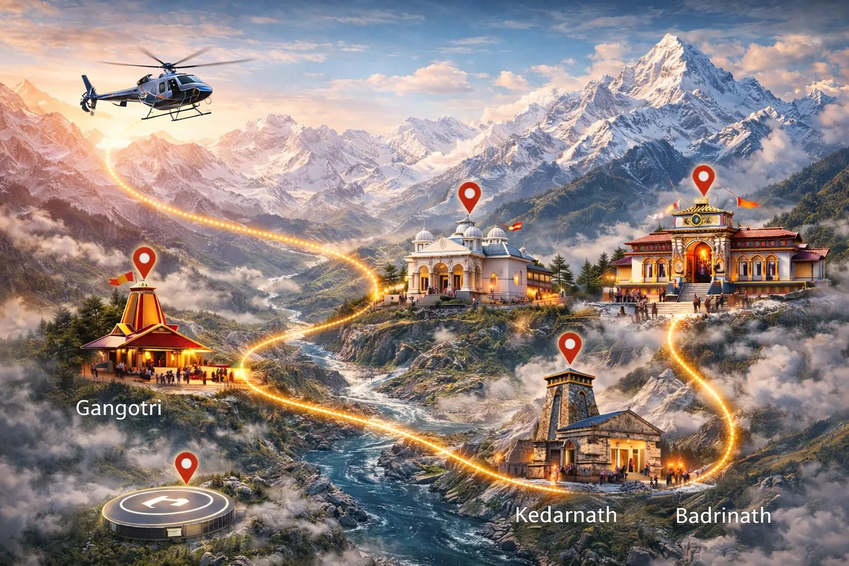 Illustrated map of the helicopter route from Sahastradhara via Yamunotri, Gangotri, Kedarnath and Badrinath