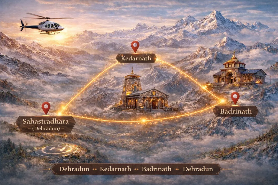Illustrated map of the helicopter route from Sahastradhara via Kedarnath and Badrinath
