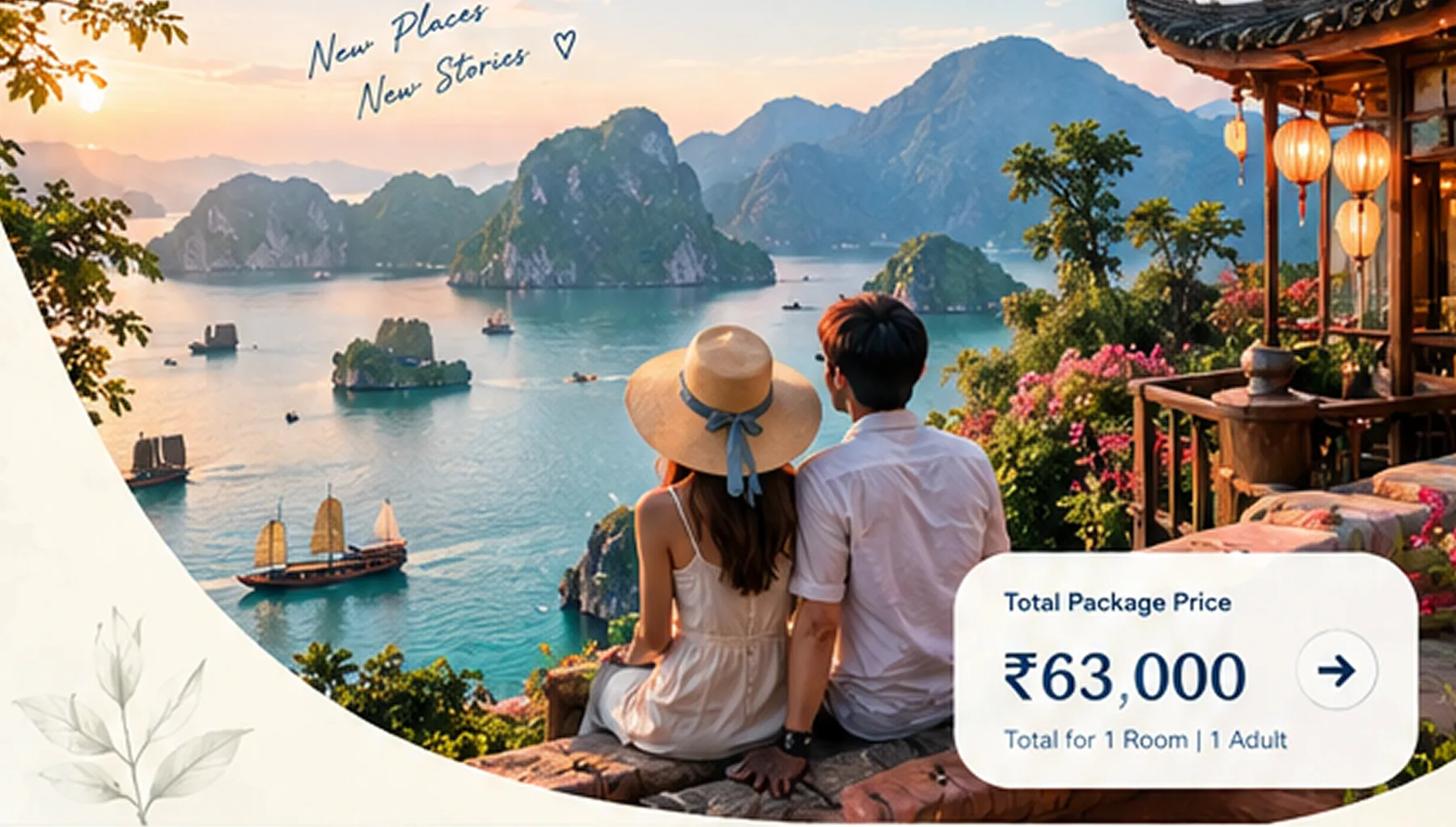 Couple overlooking Ha Long Bay, Vietnam at sunset